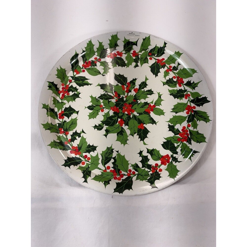 Vintage Hallmark Poinsettia Metal 14” Round Christmas Tray Made in USA